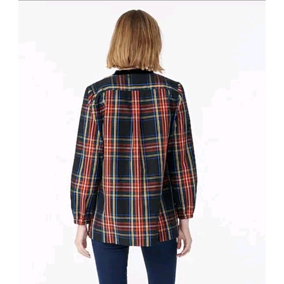 J Crew Velvet-Trimmed V-Veck Tunic Black Stewart Tartan Plaid Size Large - Picture 5 of 13